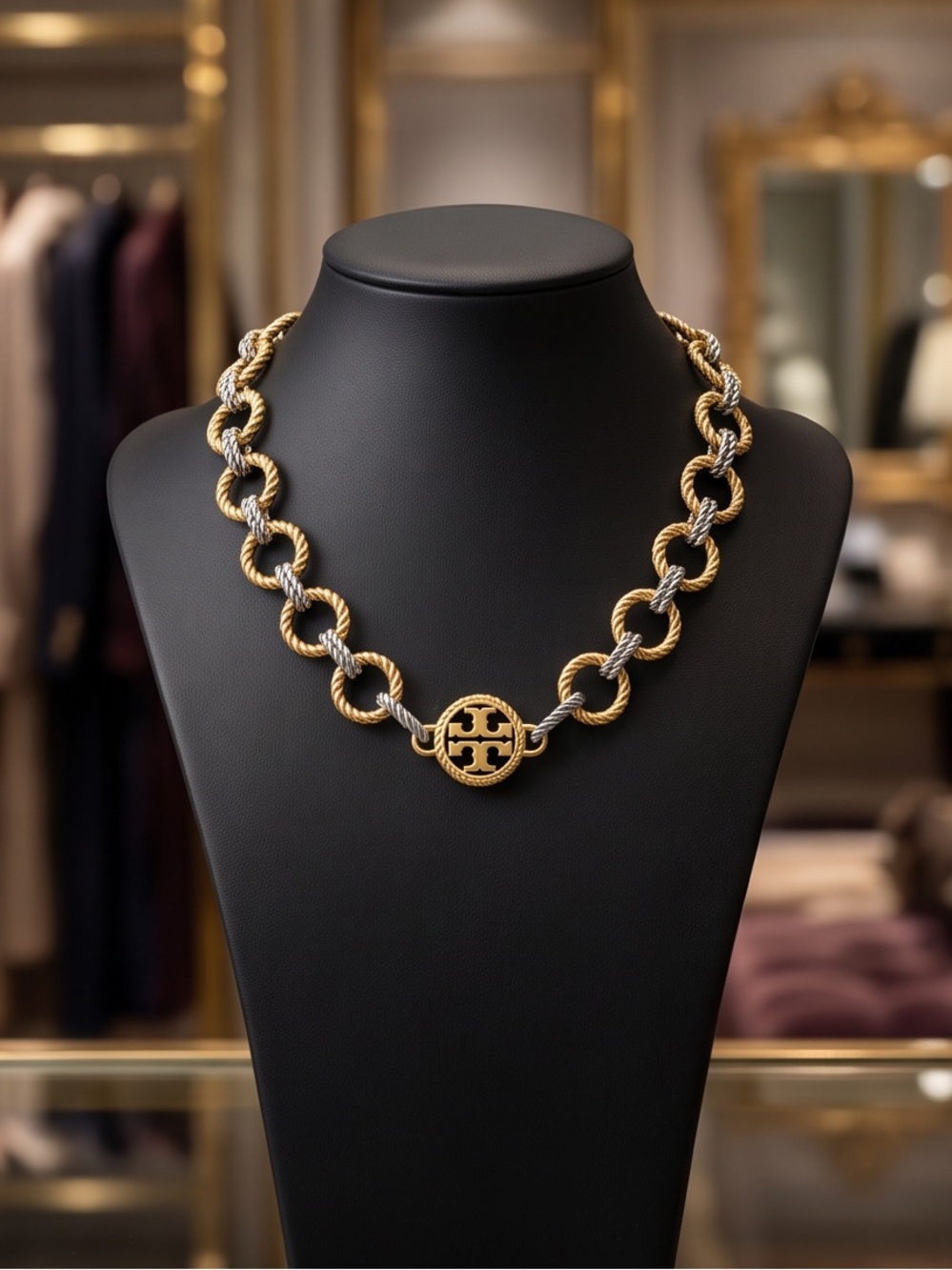 Tory Burch Two-Tone Gold and Silver Rope Link Necklace with Logo Medallion
